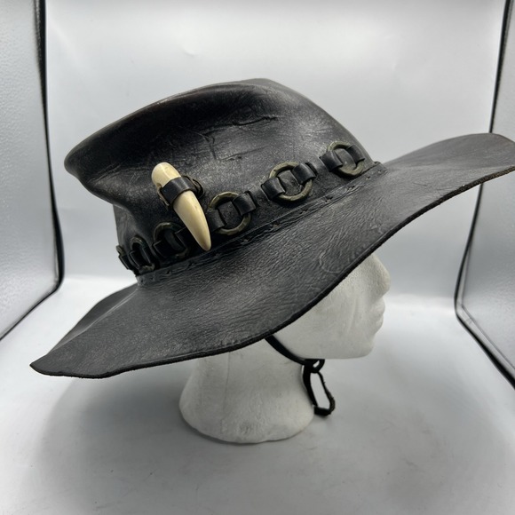 Crocodile Dundee Leather Outback W/ 2 Teeth Under Neck Tie Hat - Picture 5 of 12
